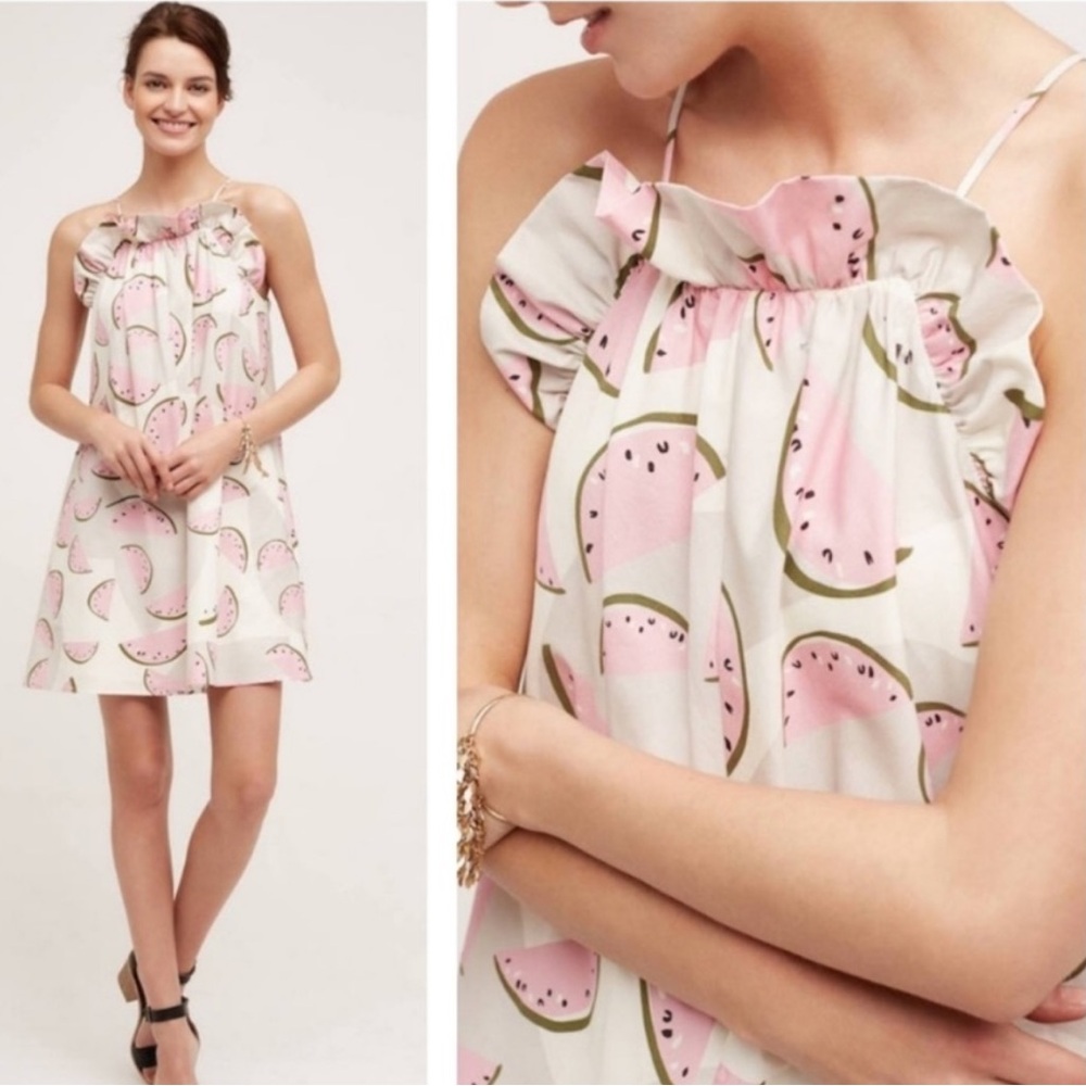 Anthropolgie Corey Lynn Calter Watermelon Slice Ruffle Shift Novelty Dress Med